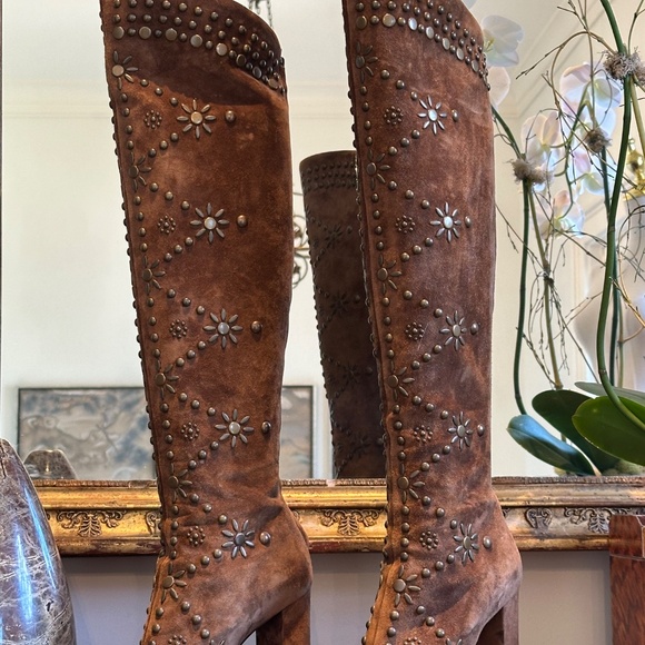 AUTHENTIC Saint Laurent *Ella* Studded Brown Suede Knee Boots IT 37/US 7 - Picture 2 of 16